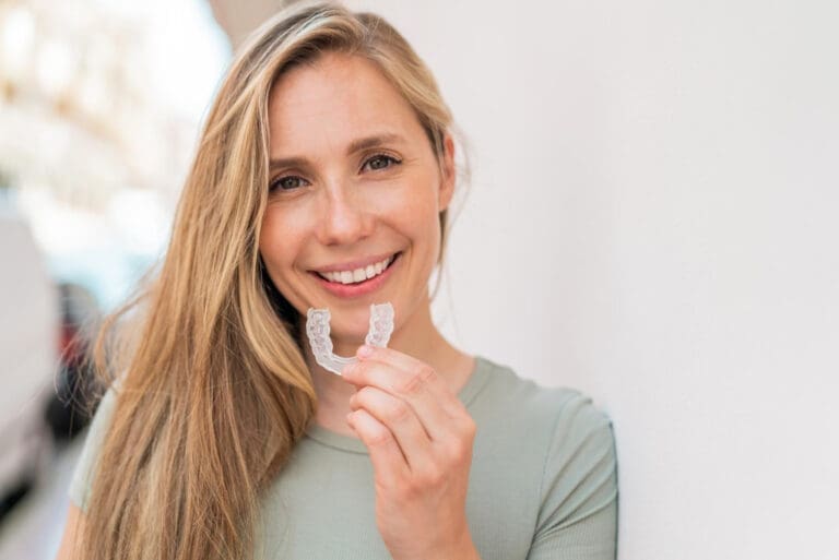 A smiling woman with long blonde hair holds a clear dental aligner near her mouth while standing against a white wall. She is wearing a light green top and looking directly at the camera.