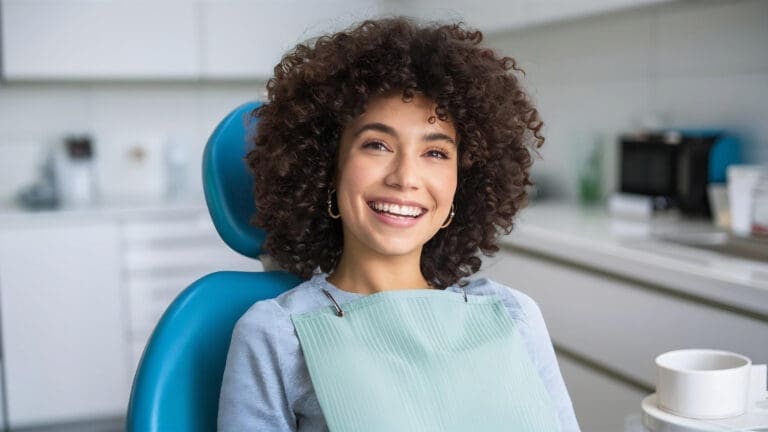 A young woman with curly hair sits and smiles in a dental chair, wearing a dental bib. The background shows a bright, modern Northville dental office with white cabinets and dental equipment.